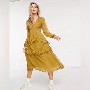 ASKS Mustard Midi Dress with Cutouts and Ruffles